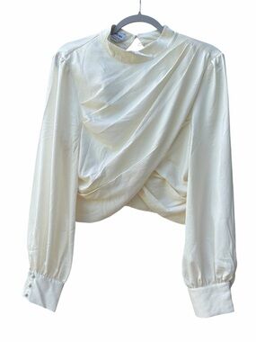 NWT BEBE Ivory Open Back Long Sleeve Mock Neck Lined Blouse WM SZ 12